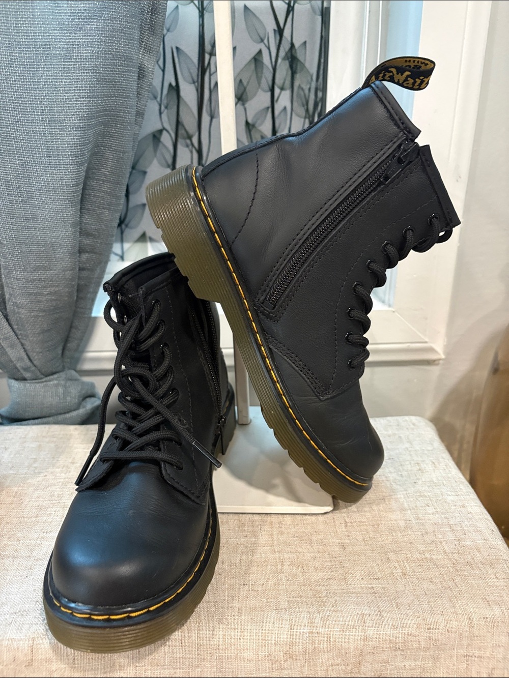 Dr. Martens Black Leather Lace-Up Ankle Boots with Yellow Stitching